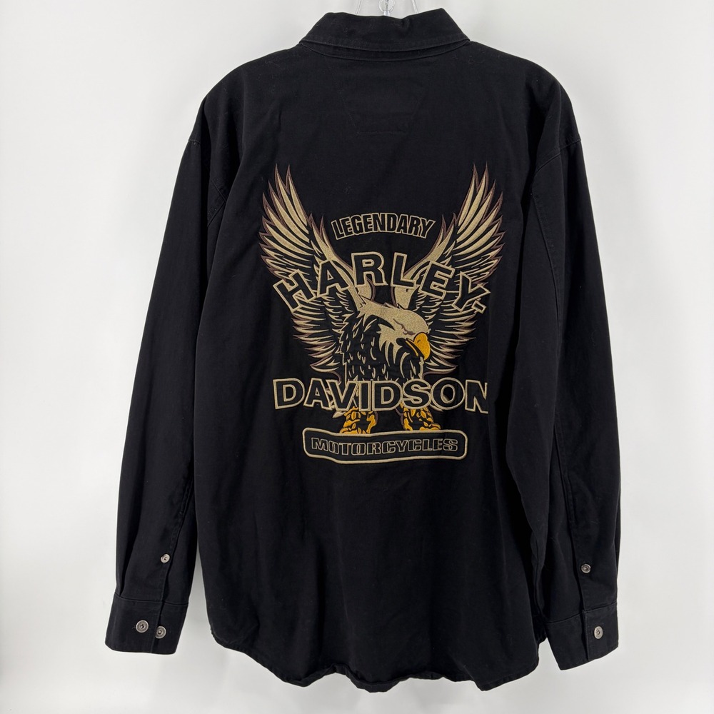 Harley Davidson Mens Large Black Embroidered Eagle Button Up Shirt Vintage